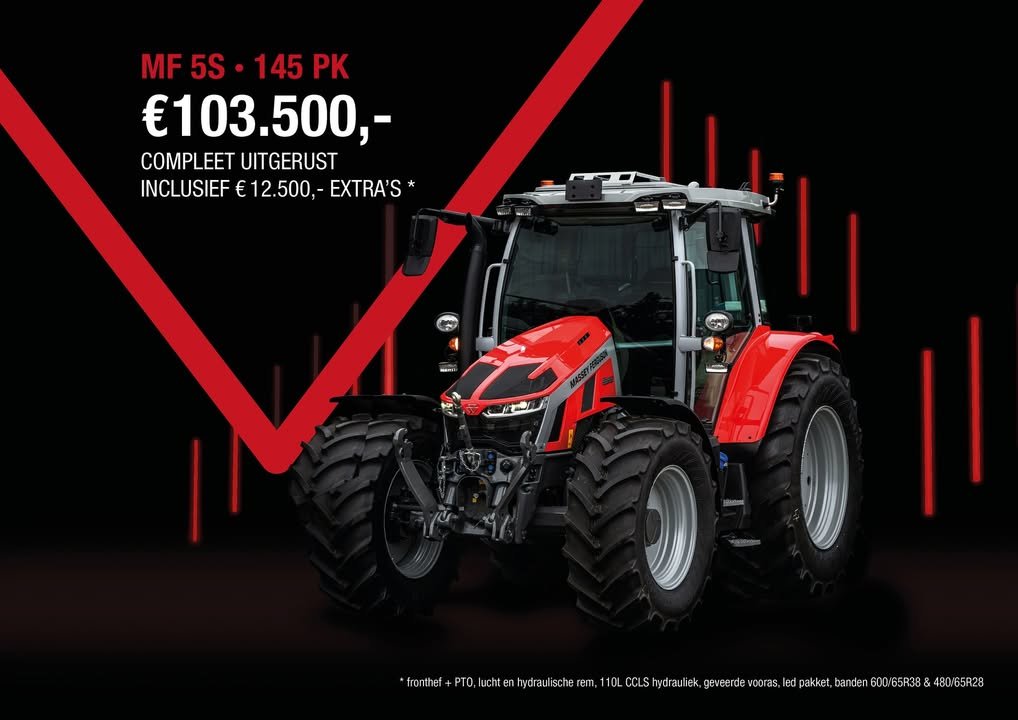 .,-!De compleet uitgeruste Massey Ferguson 5S.145 is nu extra scherp geprijsd: van 116.000,- voor slechts 103.500,-.Volledig uitgerust, comfortabel en